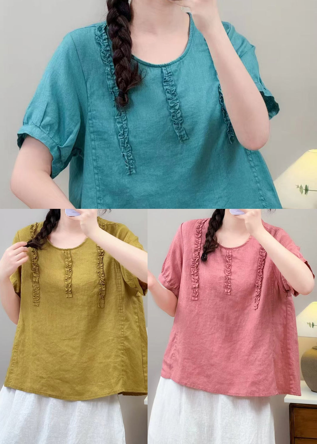 Classy Blue Ruffled Cotton Loose Tops Summer