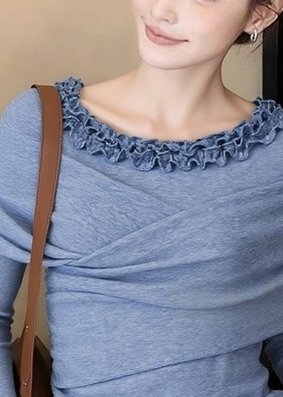 Classy Blue Ruffled Cross Cotton Shirt Top Spring