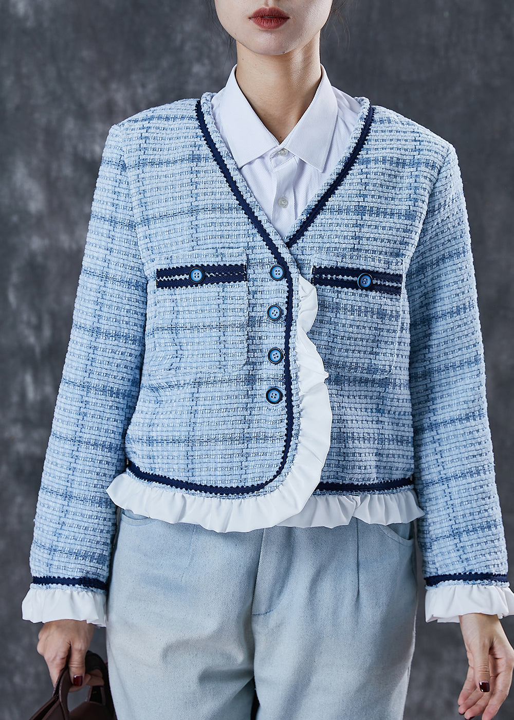 Classy Blue Ruffled Patchwork Cotton Coats Spring