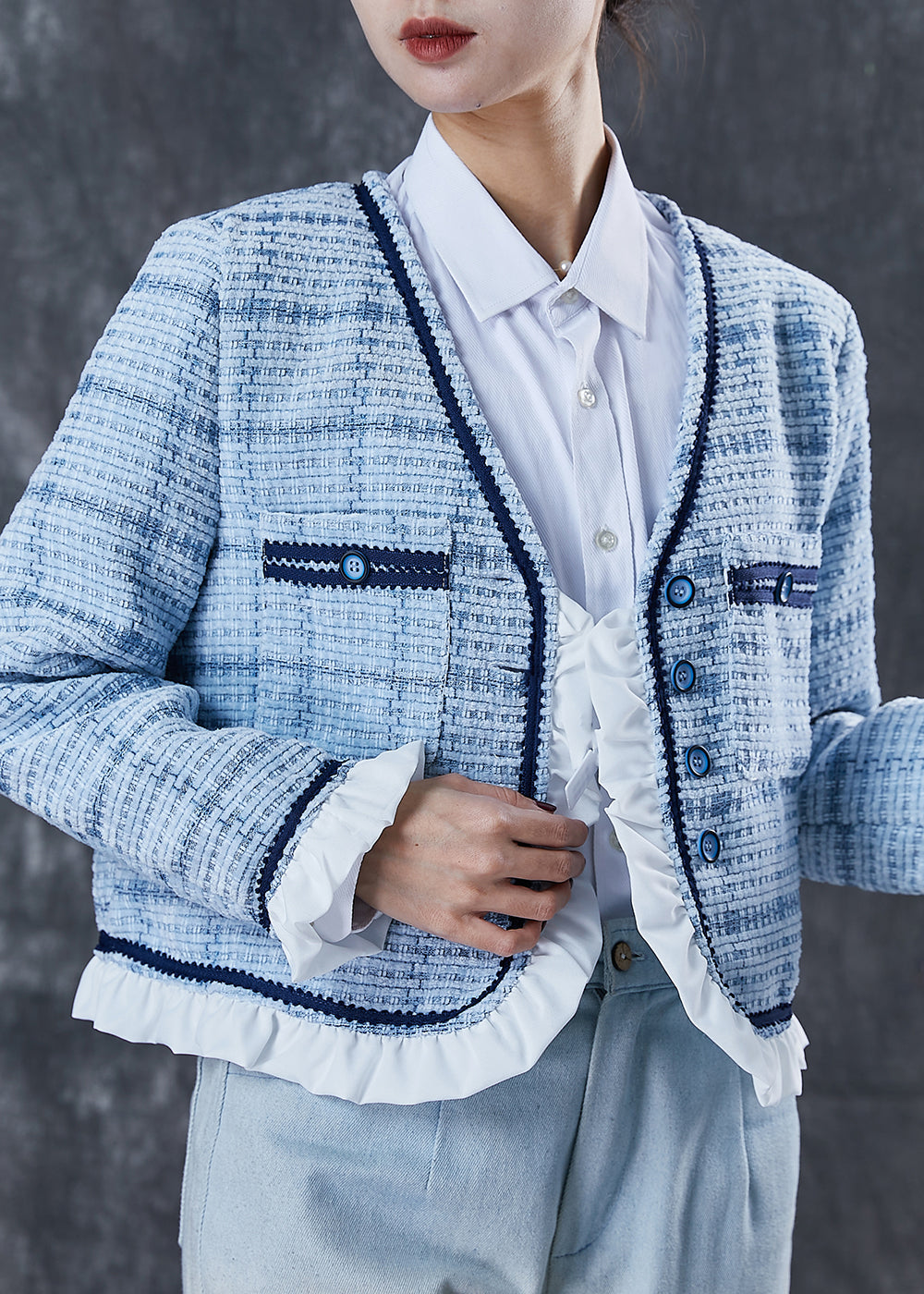 Classy Blue Ruffled Patchwork Cotton Coats Spring