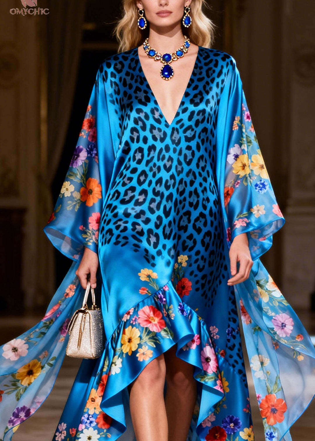 Classy Blue V Neck Asymmetrical Design Print Silk Long Dresses Summer