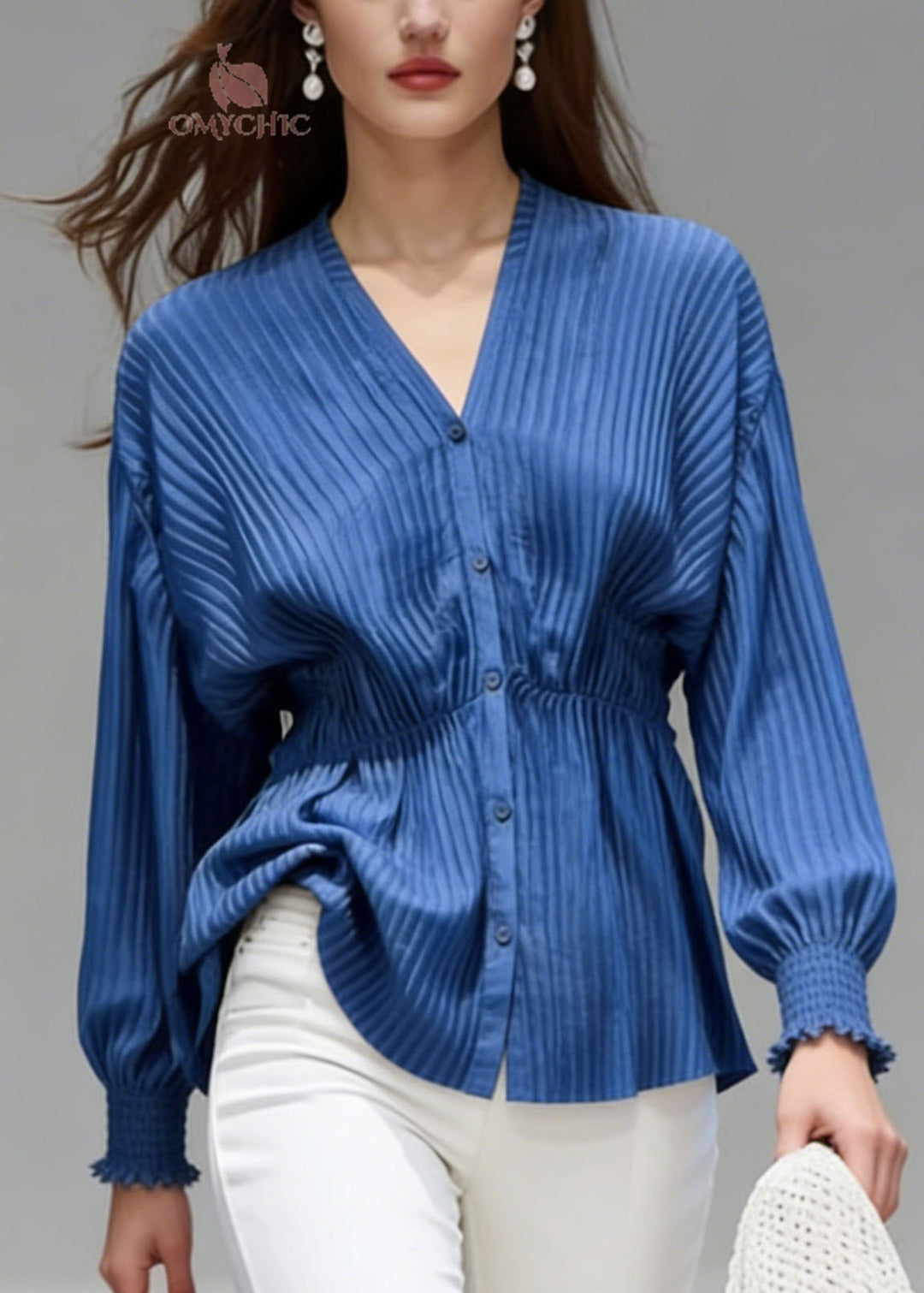 Classy Blue V Neck Button Patchwork Cotton Shirts Top Spring