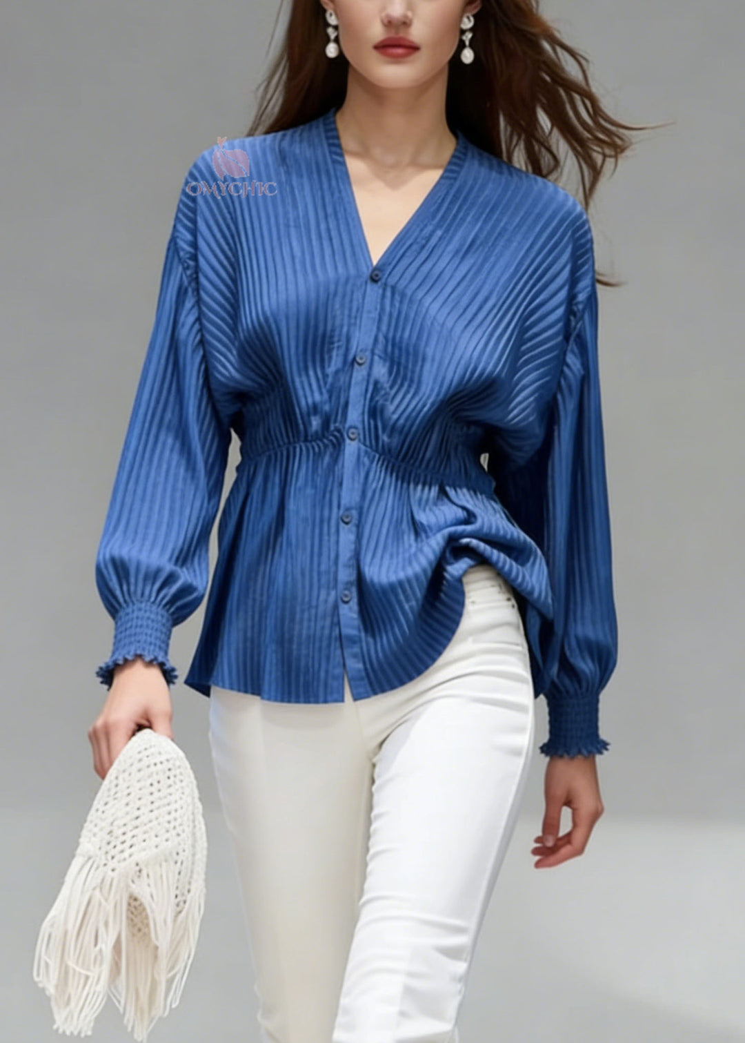 Classy Blue V Neck Button Patchwork Cotton Shirts Top Spring