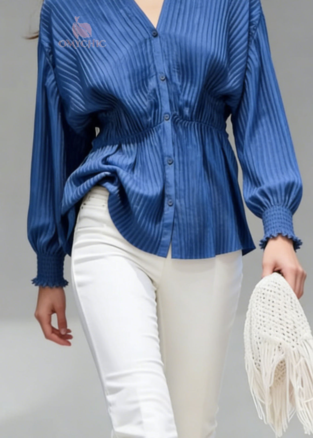 Classy Blue V Neck Button Patchwork Cotton Shirts Top Spring