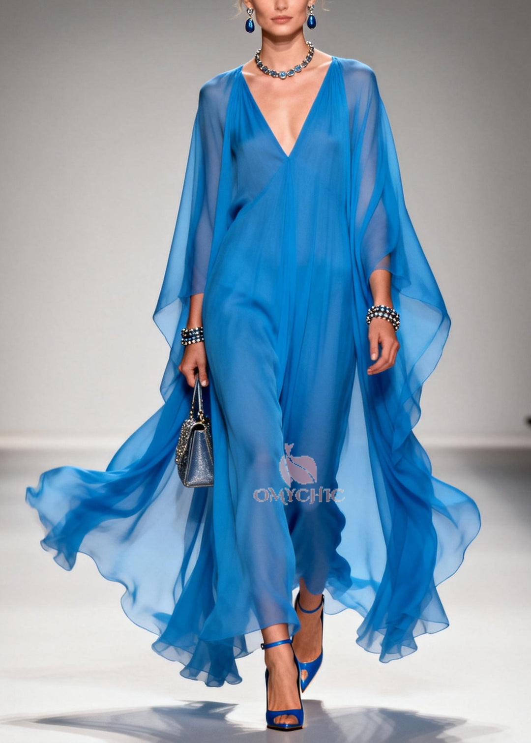Classy Blue V Neck Draping Chiffon Dresses Summer