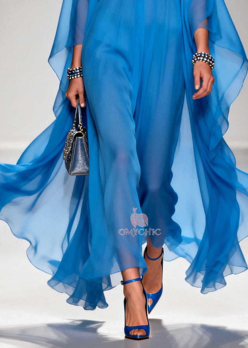 Classy Blue V Neck Draping Chiffon Dresses Summer