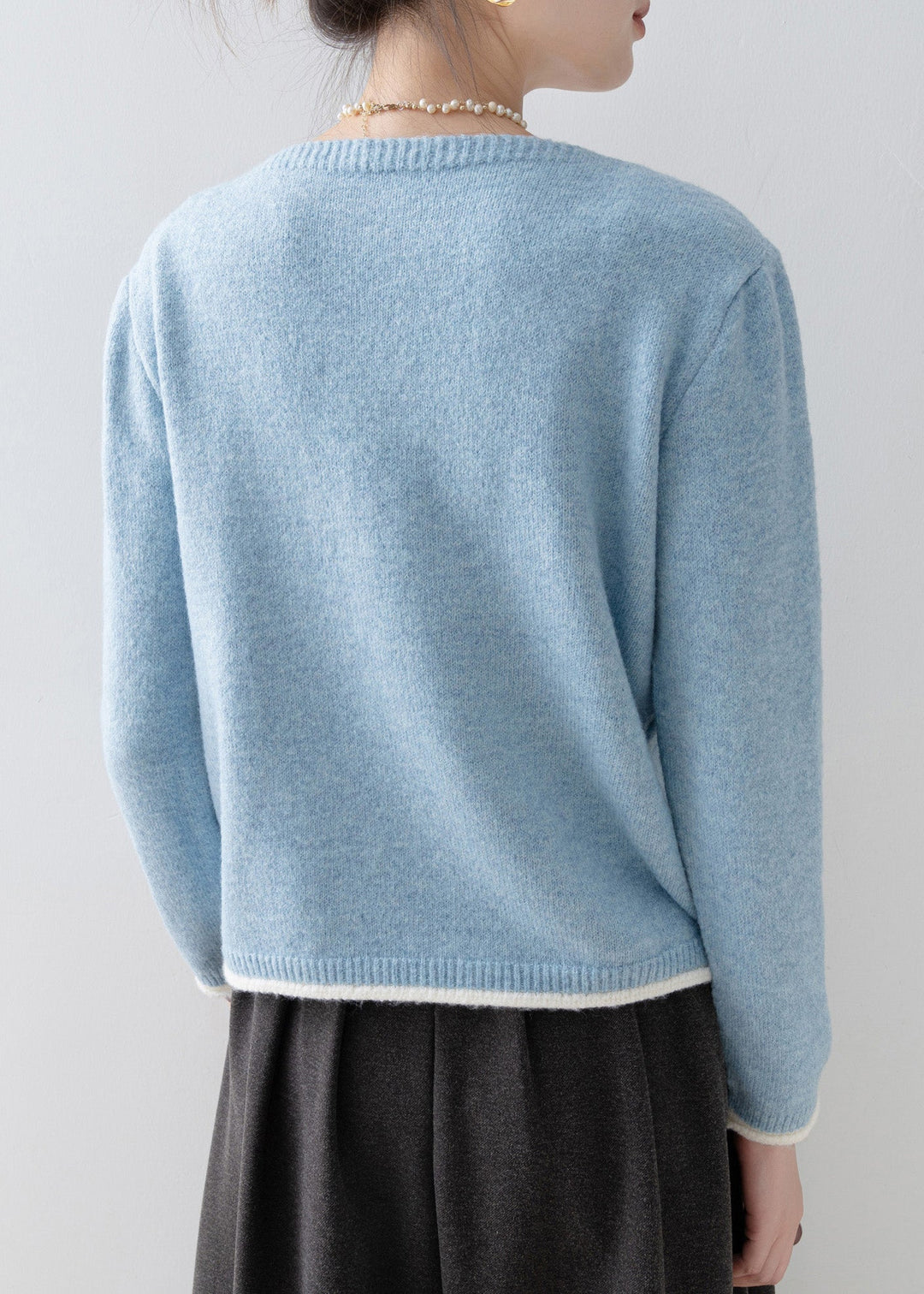 Classy Blue V Neck Nail Bead Patchwork False Two Pieces Knit Sweaters Spring