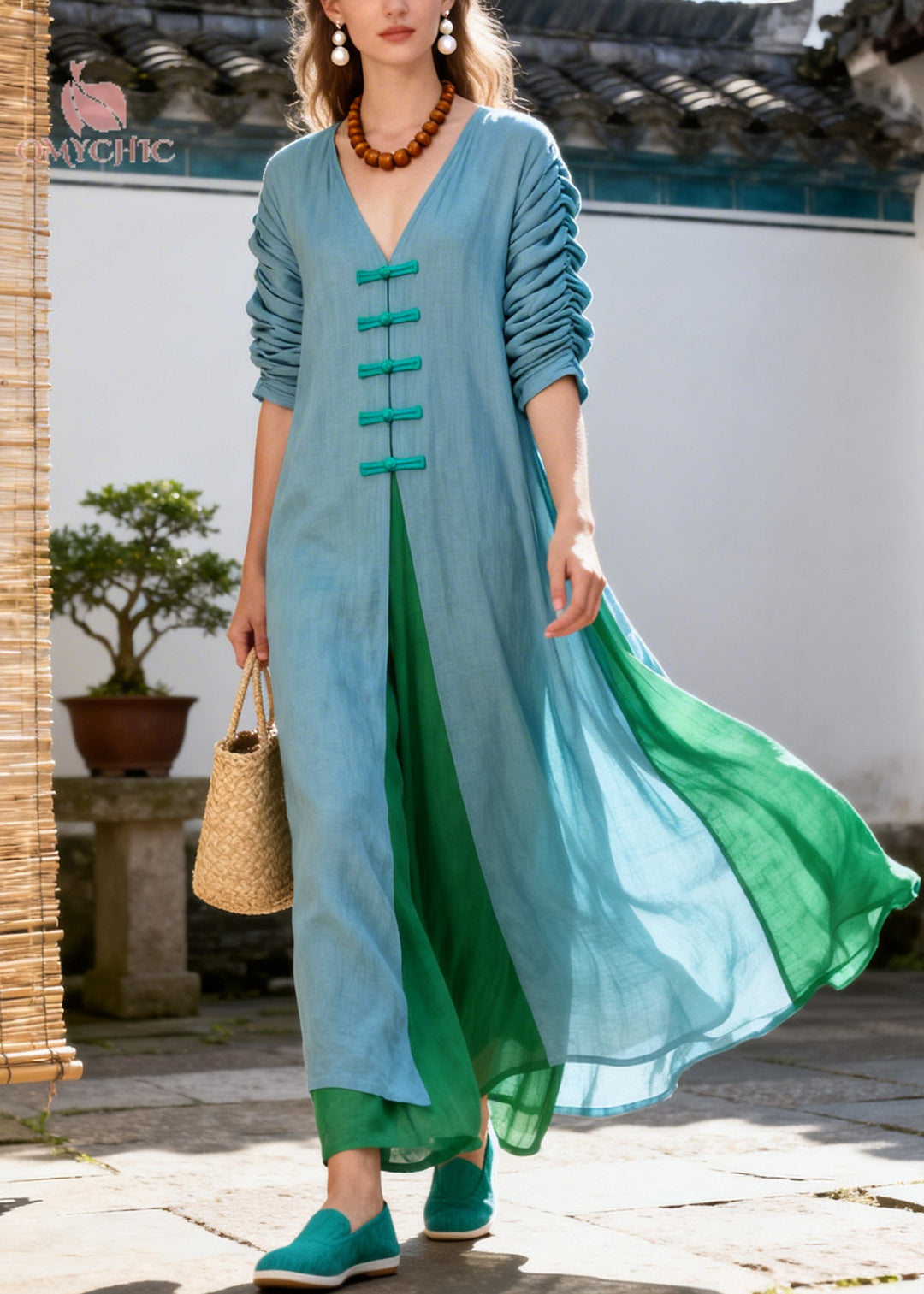 Classy Blue V Neck Patchwork Chinese Button Cotton Robe Dresses Summer
