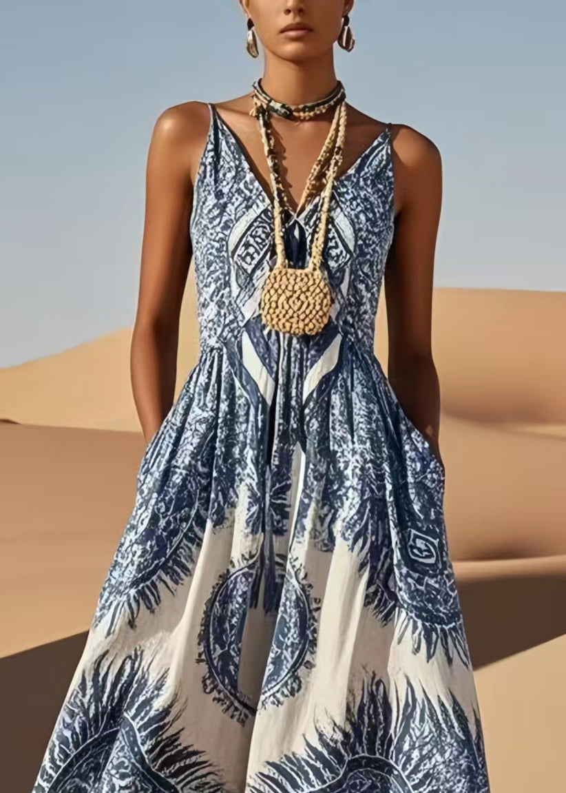 Classy Blue V Neck Print Cotton Cami Dress Summer
