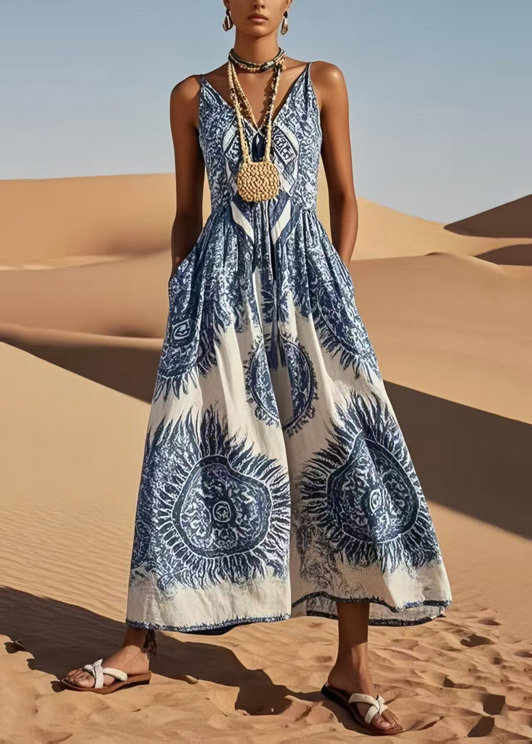 Classy Blue V Neck Print Cotton Cami Dress Summer