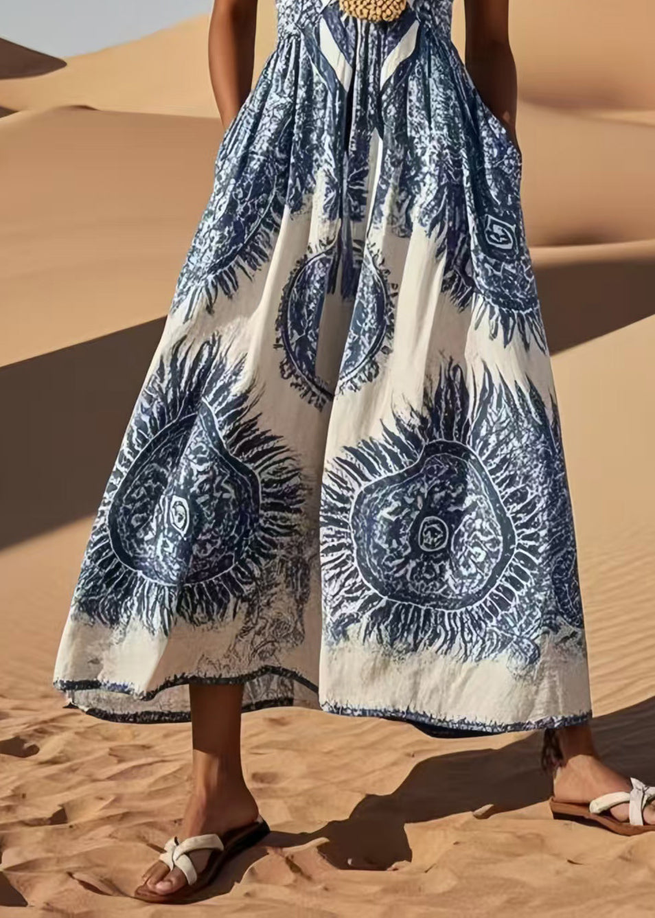 Classy Blue V Neck Print Cotton Cami Dress Summer
