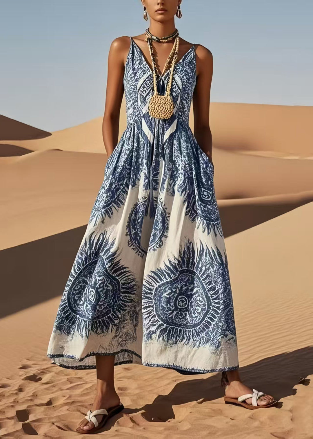 Classy Blue V Neck Print Cotton Cami Dress Summer