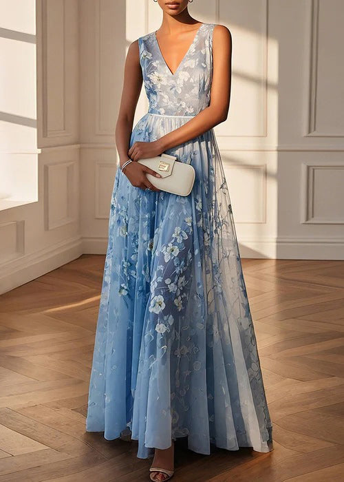 Classy Blue V Neck Print Patchwork Tulle Maxi Dresses Sleeveless