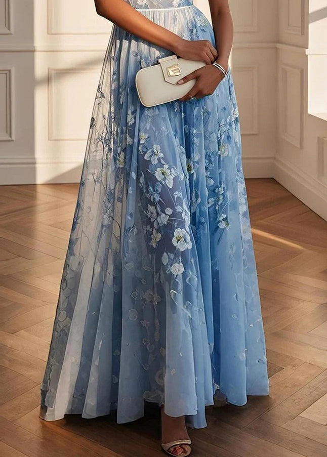 Classy Blue V Neck Print Patchwork Tulle Maxi Dresses Sleeveless