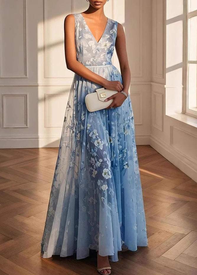 Classy Blue V Neck Print Patchwork Tulle Maxi Dresses Sleeveless