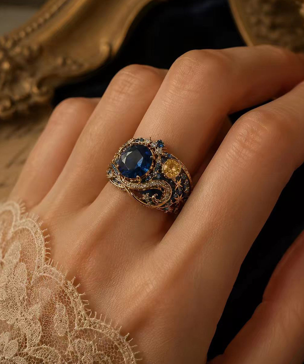 Classy Blue Zircon Alloy Enamel Starry Night Open Rings