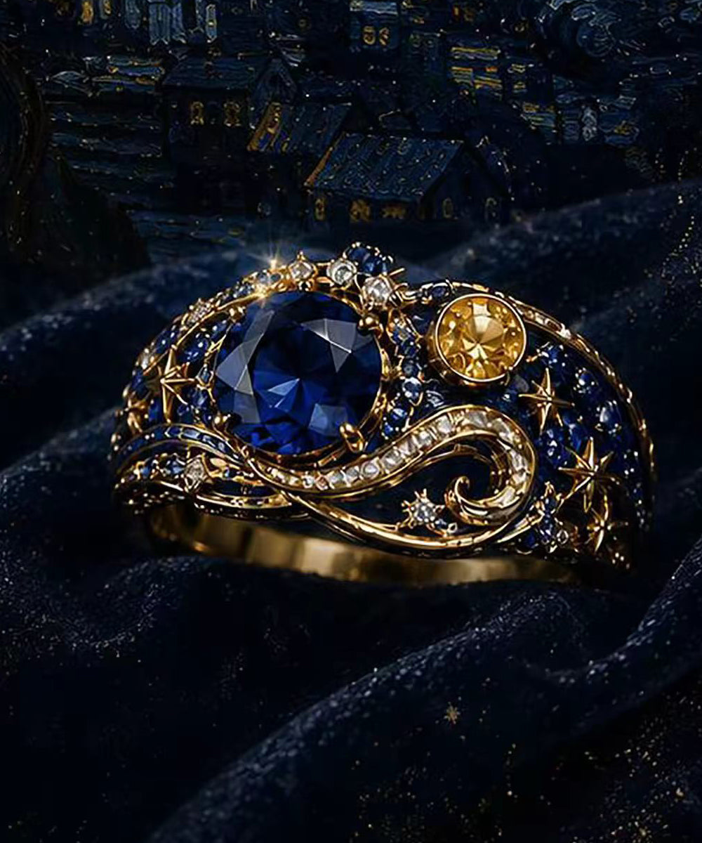 Classy Blue Zircon Alloy Enamel Starry Night Open Rings