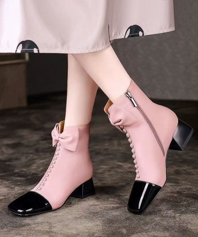Classy Bow Zippered Splicing Chunky Boots Pink Sheepskin
