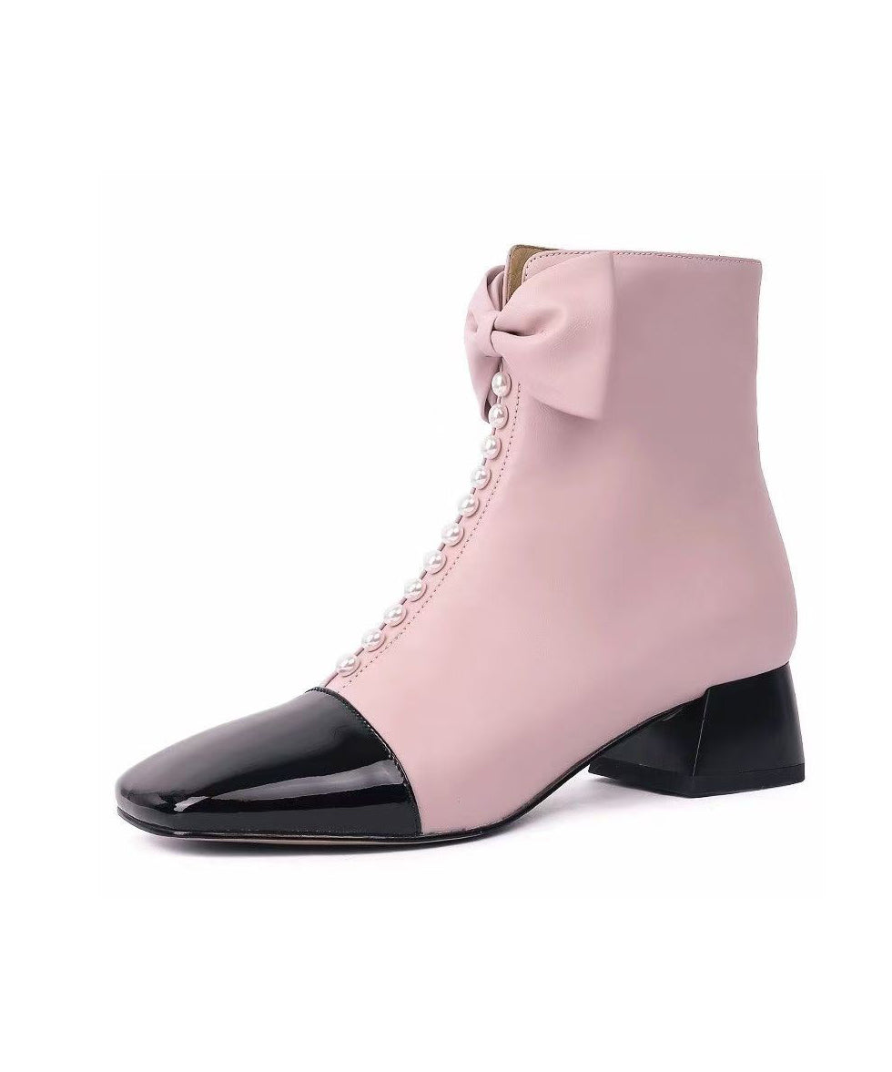 Classy Bow Zippered Splicing Chunky Boots Pink Sheepskin