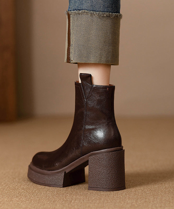 Classy Brown Chunky Heel Cowhide Leather Splicing Boots