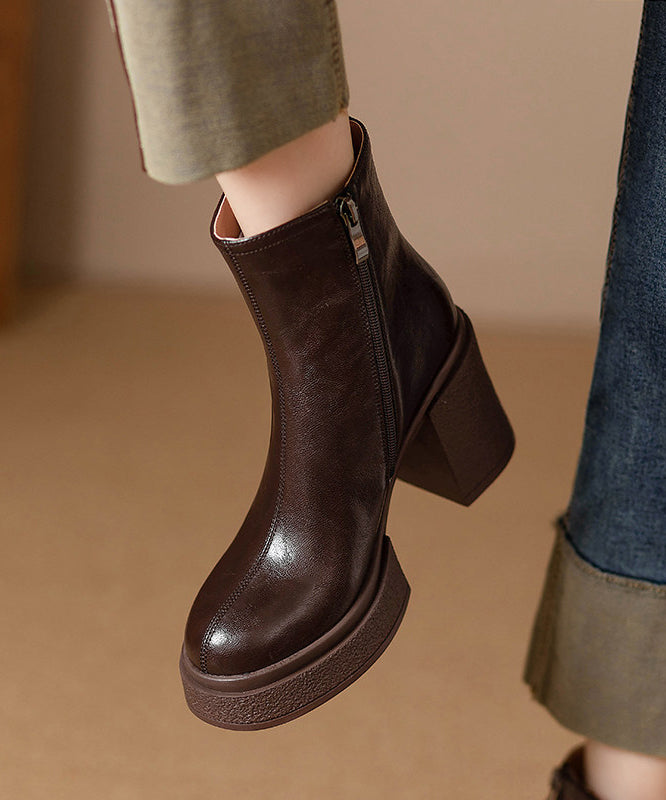 Classy Brown Chunky Heel Cowhide Leather Splicing Boots