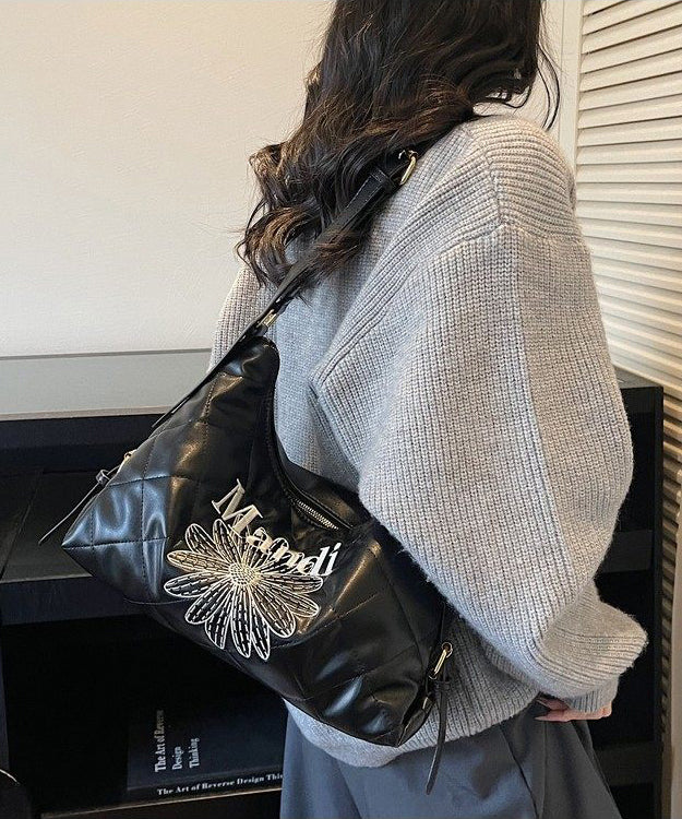 Classy Brown Embroidered Flower Letter Faux Leather Messenger Bag