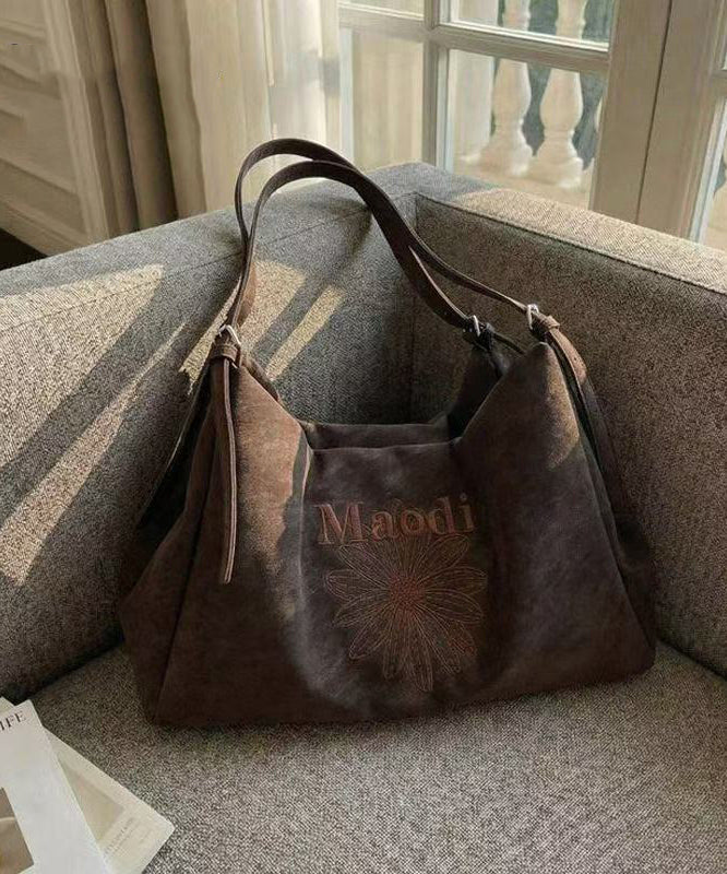 Classy Brown Embroidered Flower Letter Faux Leather Women Handbag