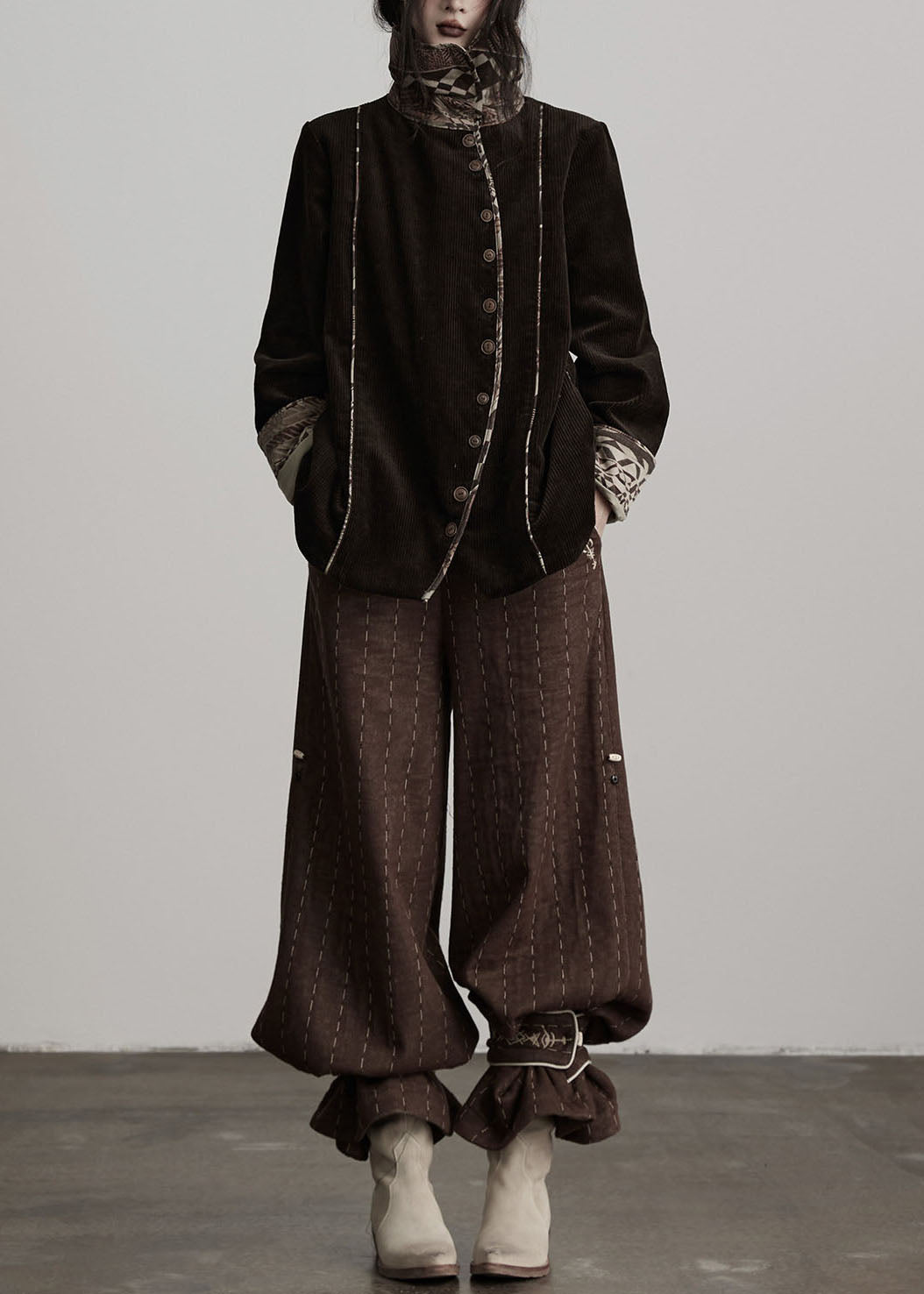 Classy Brown Embroidered Striped Cotton Straight Pants Spring