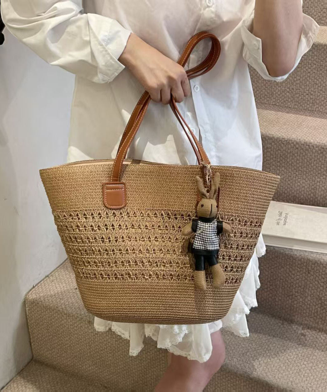 Classy Brown Hollow Out Bear Decorated Straw Woven Shoulder Bags
