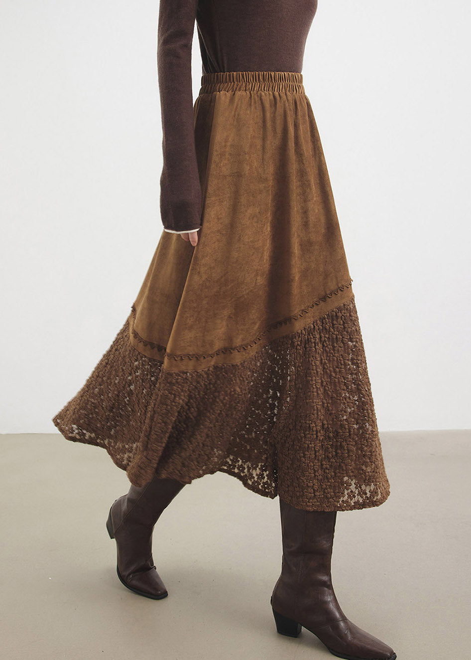 Classy Brown Lace Patchwork Faux Suede A Line Skirt Fall
