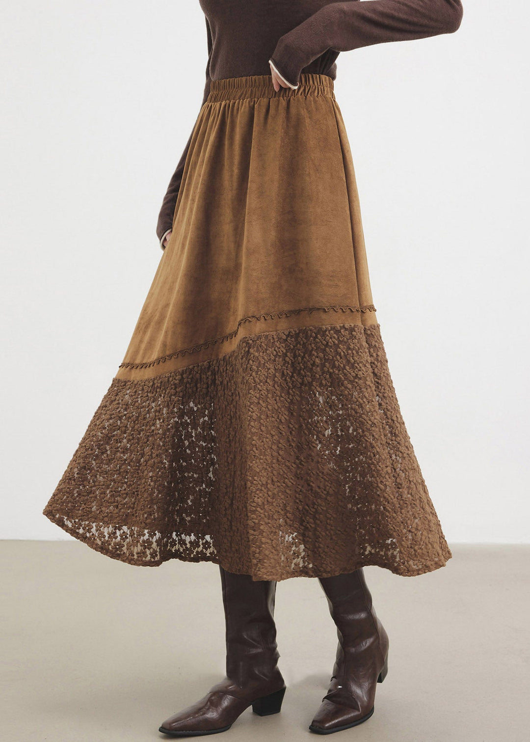 Classy Brown Lace Patchwork Faux Suede A Line Skirt Fall
