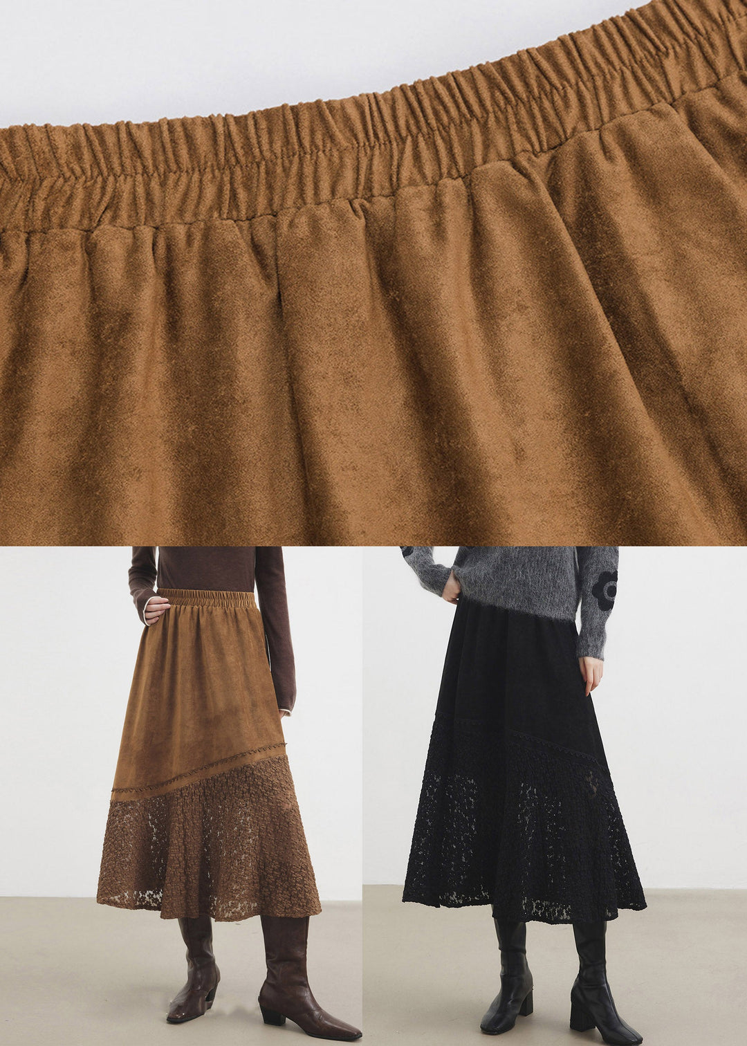 Classy Brown Lace Patchwork Faux Suede A Line Skirt Fall