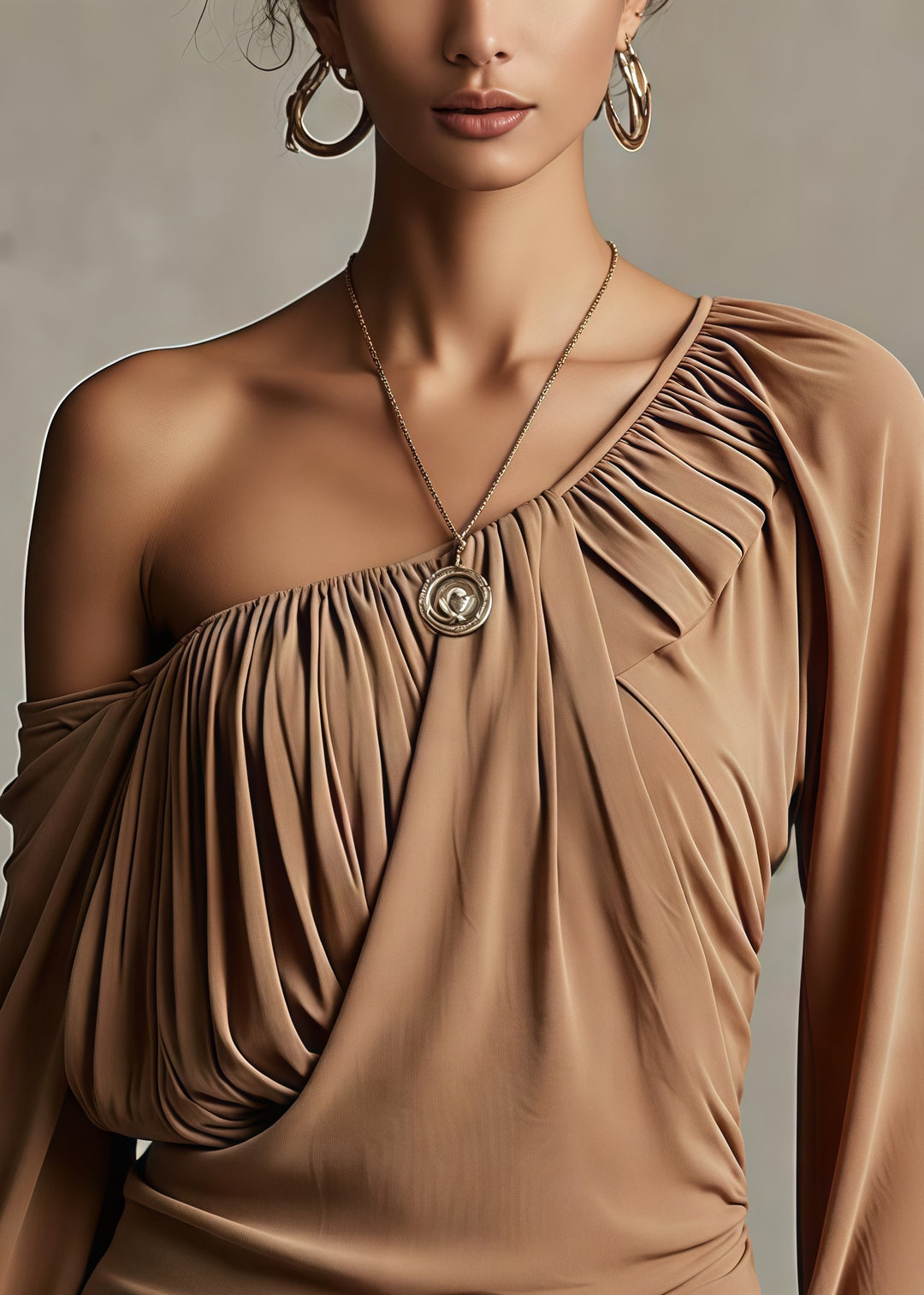 Classy Brown One Shoulder Wrinkled Chiffon Blouse Tops Spring
