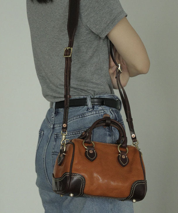 Classy Brown Patchwork Solid Durable Leather Tote Handbag