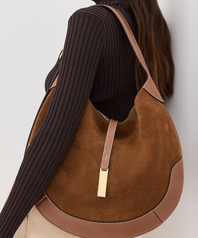 Classy Brown Patchwork Solid Durable Suede Saddle Bag