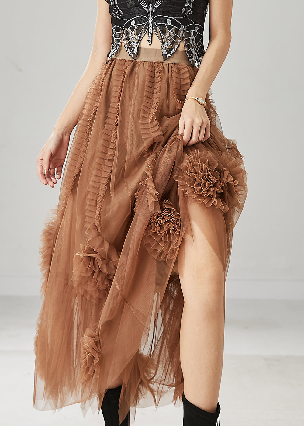Classy Brown Ruffled Stereoscopic Floral Tulle Skirt Spring