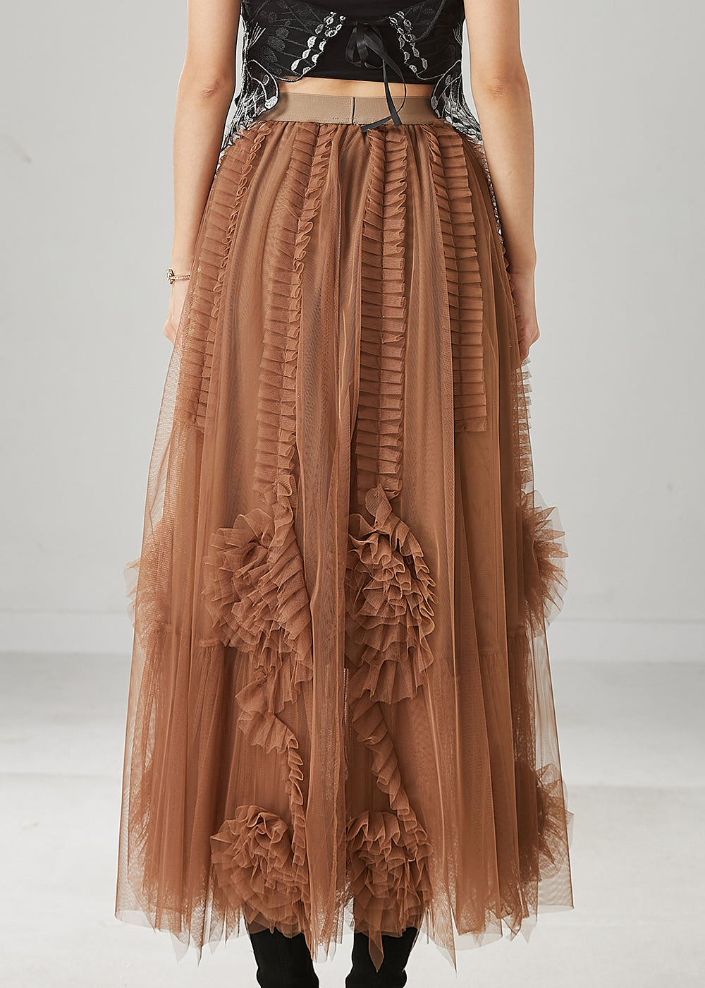 Classy Brown Ruffled Stereoscopic Floral Tulle Skirt Spring