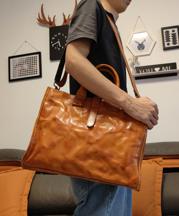 Classy Brown Solid Durable Large Capacity Leather Laptop Bag