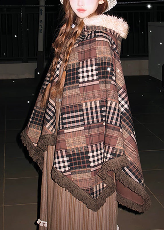 Classy Brown V Neck Print Tassel Hooded Coats Batwing Sleeve