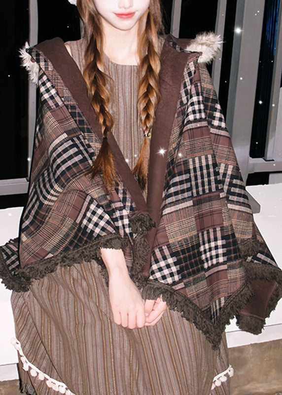 Classy Brown V Neck Print Tassel Hooded Coats Batwing Sleeve