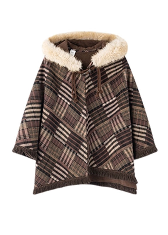 Classy Brown V Neck Print Tassel Hooded Coats Batwing Sleeve
