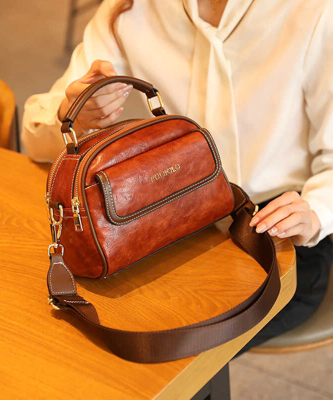 Classy Brown Versatile Calf Leather Round Bag