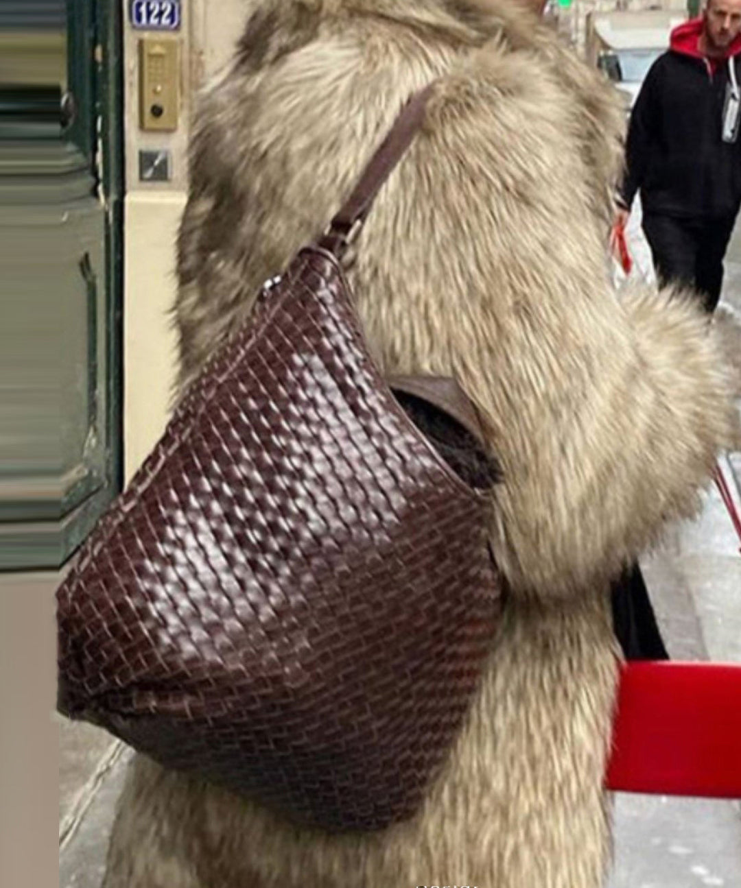 Classy Brown Weave Design Large Capacity Faux Leather Women Handbag