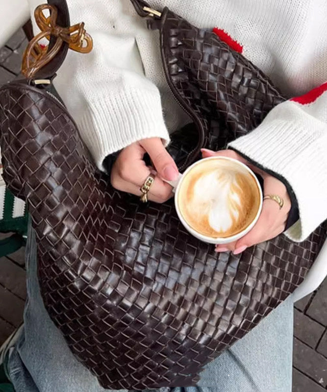 Classy Brown Weave Design Large Capacity Faux Leather Women Handbag
