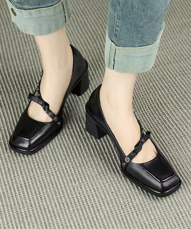 Classy Buckle Strap Splicing Chunky Heel Brown Cowhide Leather