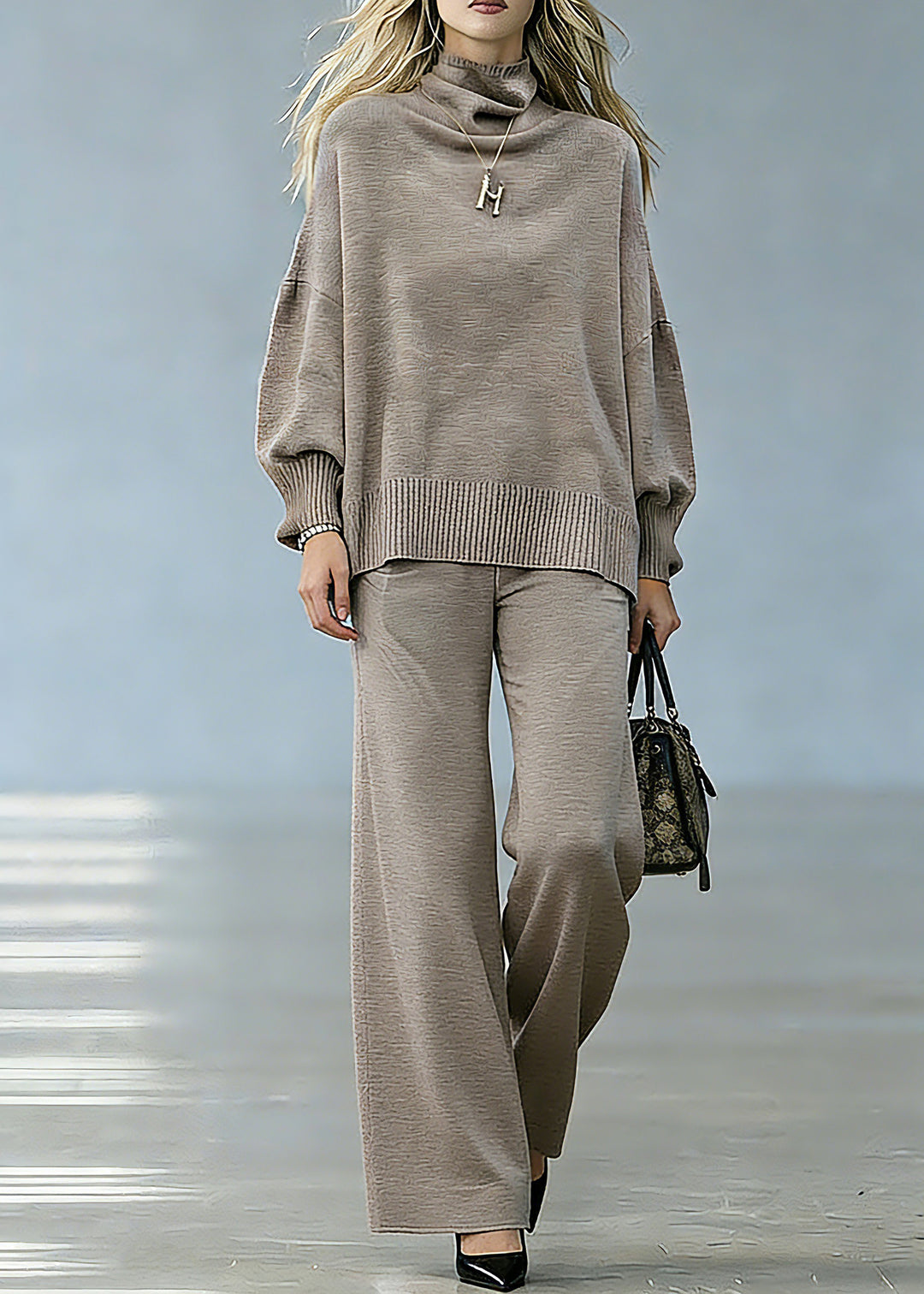 Classy Camel Sweaters And Wide Leg Pants Knit Two Piece Set Spring1