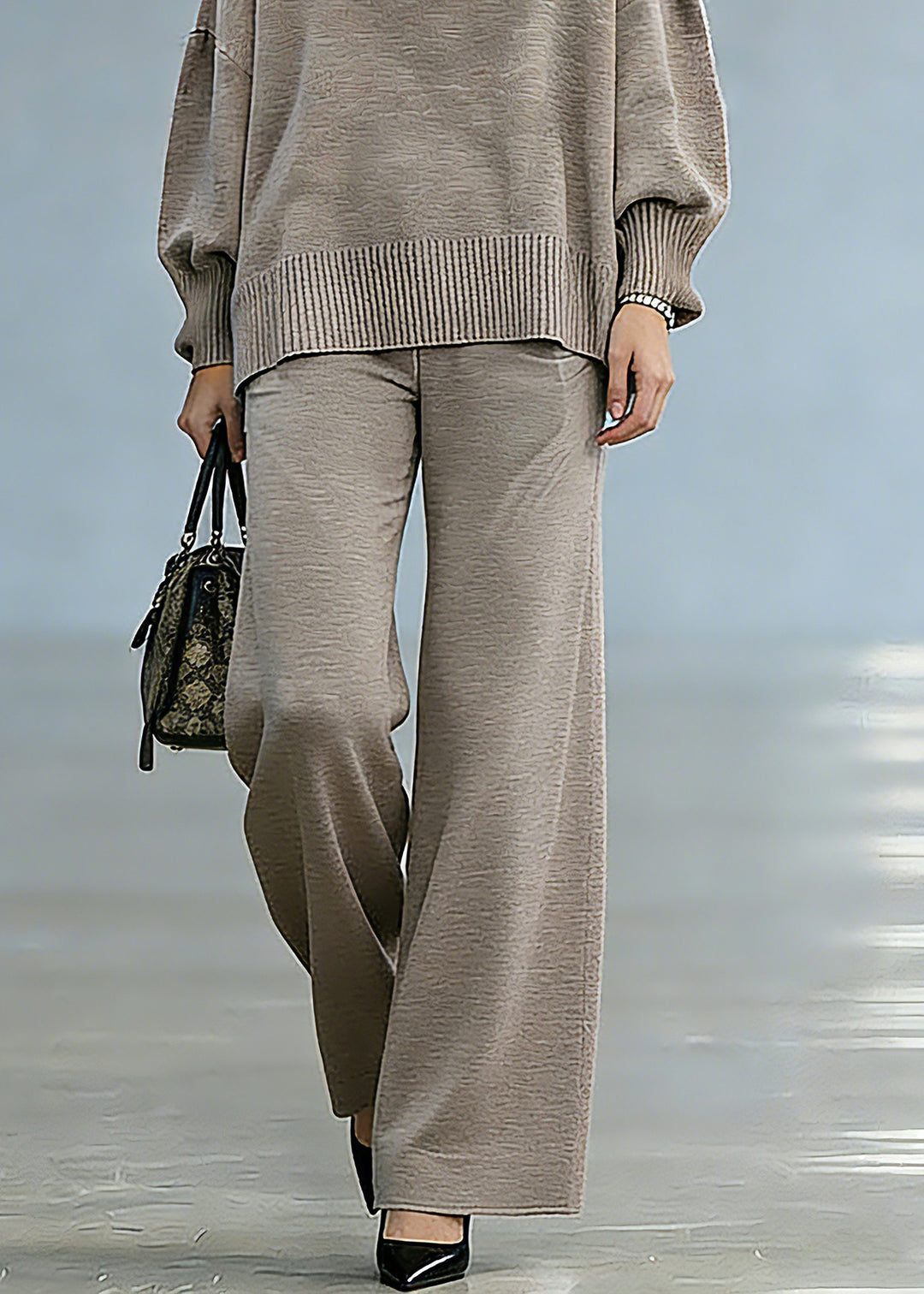 Classy Camel Sweaters And Wide Leg Pants Knit Two Piece Set Spring1