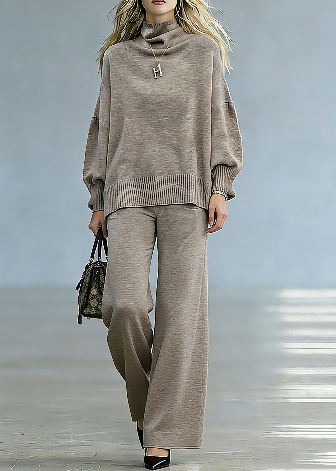 Classy Camel Sweaters And Wide Leg Pants Knit Two Piece Set Spring1