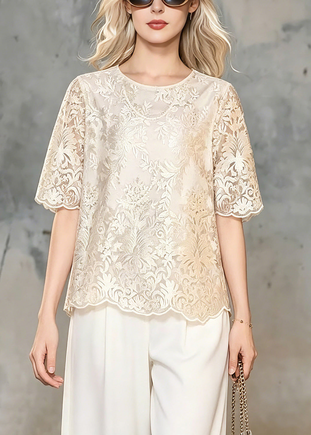Classy Champagne O-Neck Floral Lace T Shirt Summer