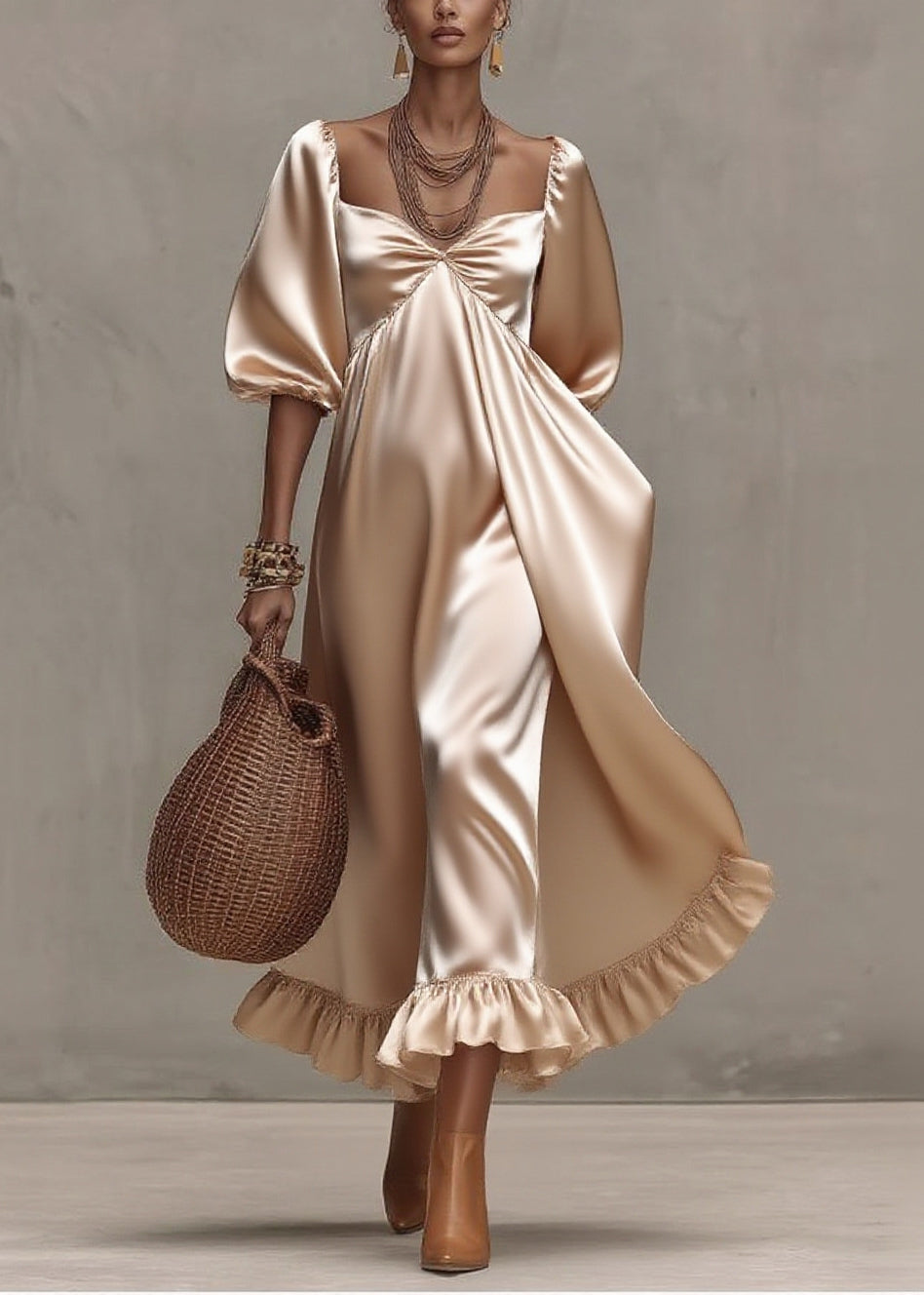 Classy Champagne Square Collar Exra Large Hem Silk Ankle Dress Summer